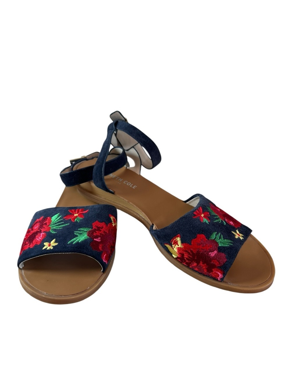 NWOT Kenneth Cole Navy Size 7.5 Sandals with Red Floral Embroidery